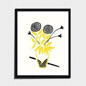 Art Print, Black & Yellow Minimalist Flower Bouquet Still-Life